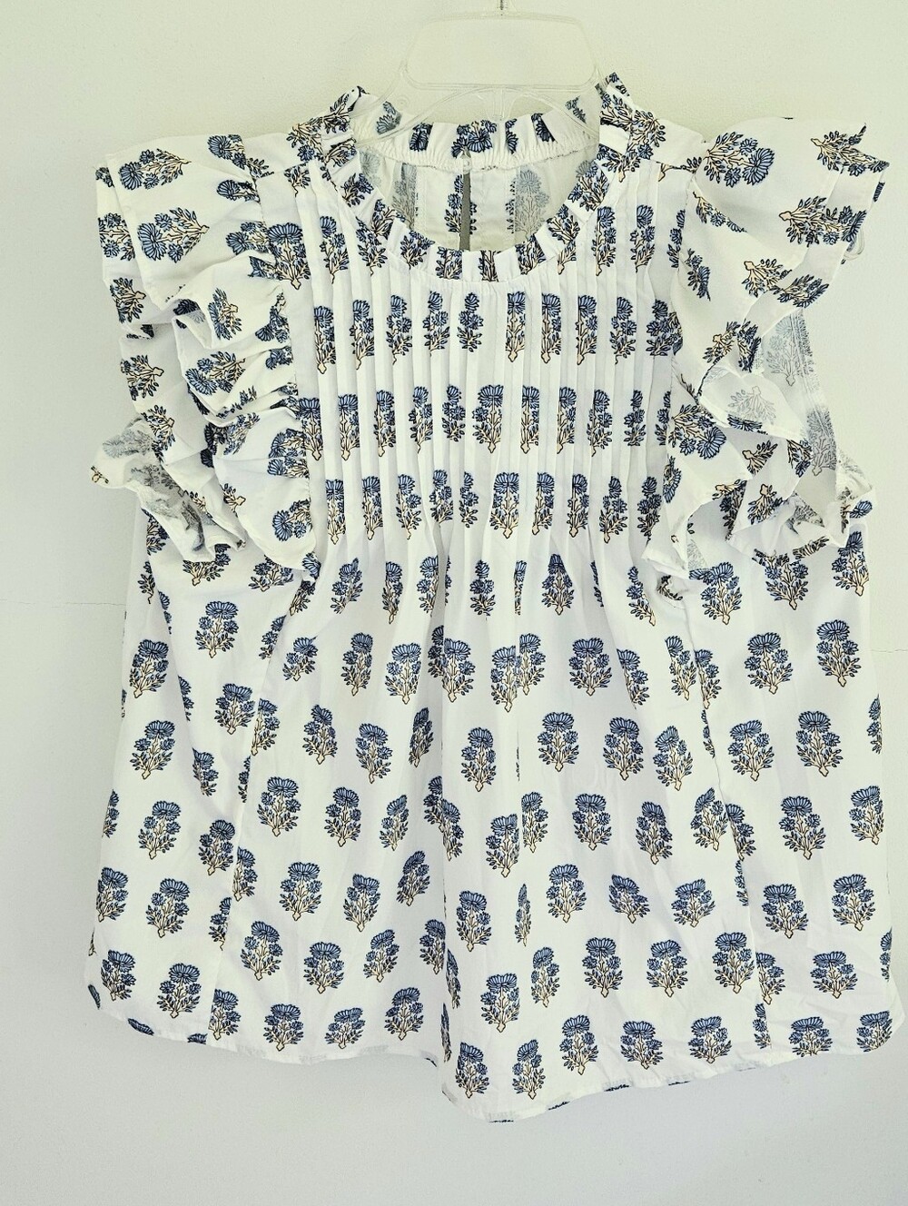 Floral Cluster Blouse Block Print Blue White Flutter Sleeves - Picture 2 of 7